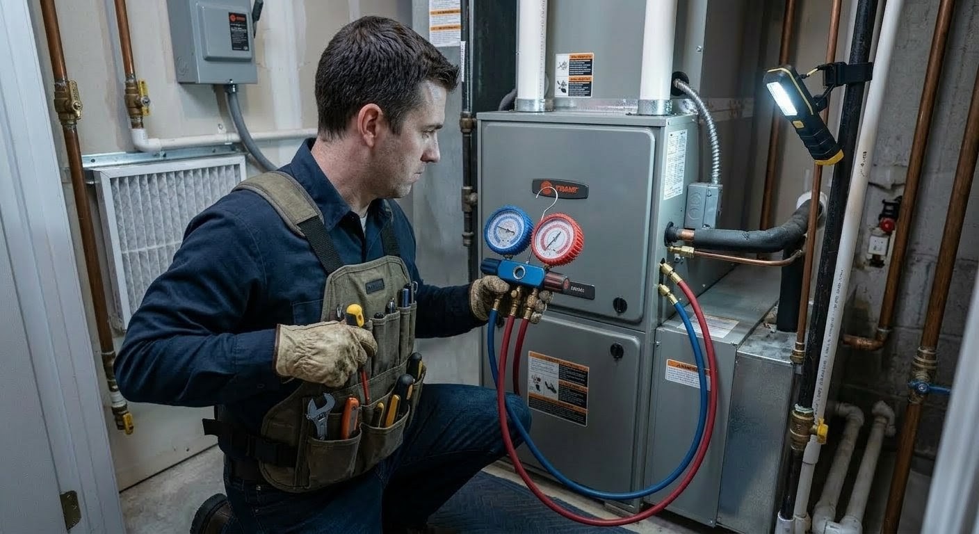 HVAC technician connecting refrigerant gauges to furnace unit